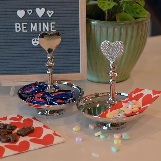 Heart Handle Serving Trays, Set of 2, Single Tier, Handmade, Gleaming Silver Metal, Circular, Pedestal Base, Aluminum, 8.25 Inches