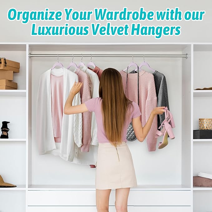 Velvet Hangers 50 Pack β Slim Non-Slip Flocked Hangers with 360Β° Swivel Hook, Space-Saving Closet Organizer for Dresses, Coats, Blouses(Purple)
