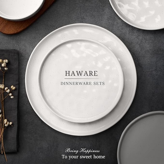 HaWare Dinnerware Sets, 24-Piece Plates and Bowls Set, Stoneware Dish Set for 8, Ceramic Dinnerware for Home Restaurant, Chip and Scratch Resistant, Microwave and Dishwasher Safe, Speckled White