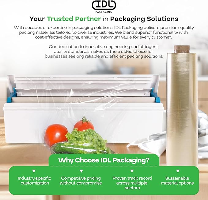 IDL Packaging 18" x 2000' Food Wrap Film Roll, 3" Core - USA-Made Clear Plastic Cling Film, BPA Free – Durable, Safe Food-Grade Wrap for Storing & Packing Food