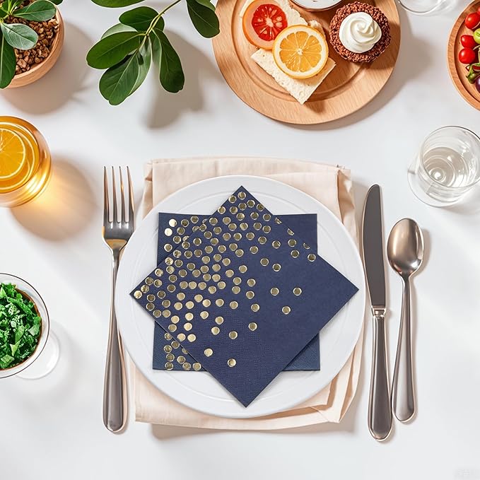 80 Pack of Paper Cocktail Napkins with Gold Foil Polka Dot Confetti,Polka Dot Party Supplies(5 x 5 in,2-ply) (80, blue gold)