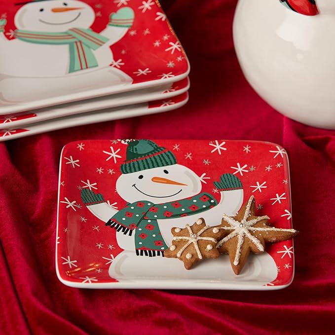 Christmas Whimsy Snowman Set of 4 Canape Plates – 6-Inch Square Ceramic Appetizer Plates Featuring Assorted Snowmen in Winter Attire – Holiday Party Ready – Microwave & Dishwasher Safe