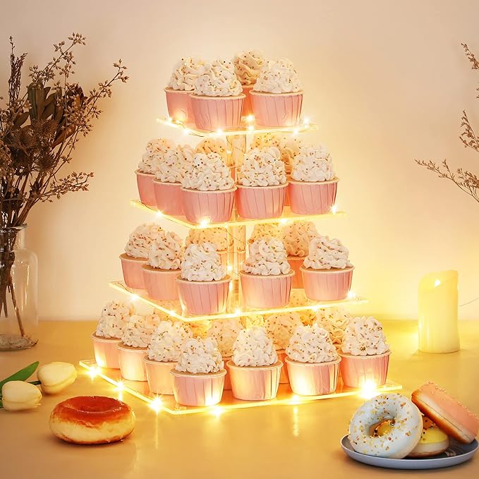 4 Tier Cupcake Stand with LED String Light, Acrylic Cupcake Display Stand, Square Cupcake Tower Holder, Cup Cake Stand for Birthday, Wedding, Baby Shower, Party