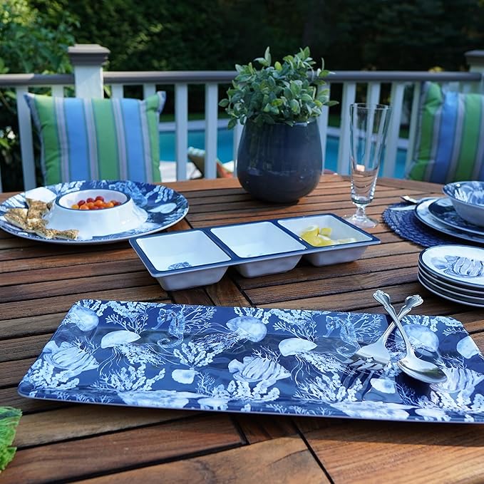 Sea Life Melamine 3-Piece Hostess Serving Set – Coastal Ocean-Themed Chip & Dip Bowl, 3-Section Relish Tray, and Rectangular Platter, Break-Resistant Nautical Tableware, Dishwasher Safe
