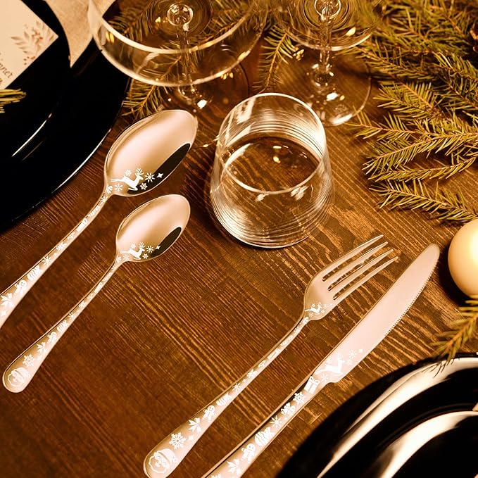 Vilihkc Christmas Style Silverware Set,20 Piece Stainless Steel Flatware Set, Kitchen Utensil Set Service for 4,Tableware Cutlery Set for Home and Restaurant,Dishwasher Safe