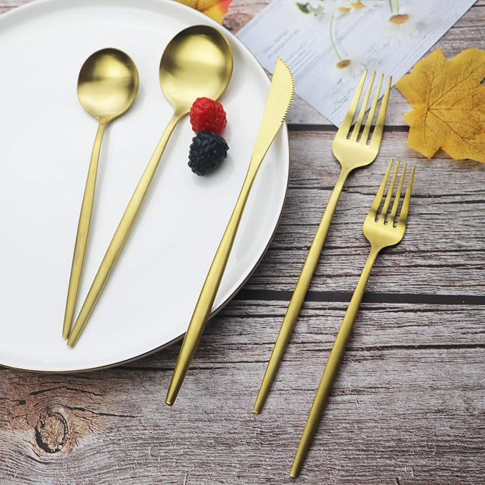 Gold Silverware Set JASHII 40 Pieces Flatware Set 304 Stainless Steel Flat Cutlery Set for 8 Matte Kitchen Forks Knife Spoons Set, Satin Finish Tableware Set for Home and Restaurant, Dishwasher Safe