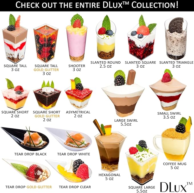 DLux 50 x 3 oz Mini Dessert Cups with Spoons, Square Tall - Clear Plastic Parfait Appetizer Cup - Small Reusable Serving Bowl for Party Desserts Appetizers - With Recipe Ebook