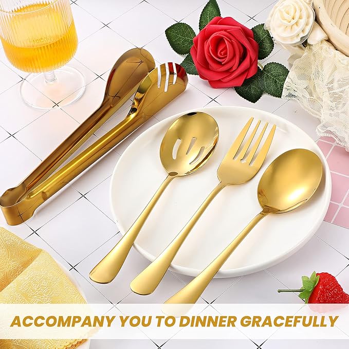 Patelai 8 Pcs Gold Stainless Steel Serving Utensils Set 8.7" Large Spoons and Slotted Spoon 9.45" Tong 9" Forks Flatware Wedding Valentine's Day Holiday Party Buffet Banquet Cooking Kitchen Catering