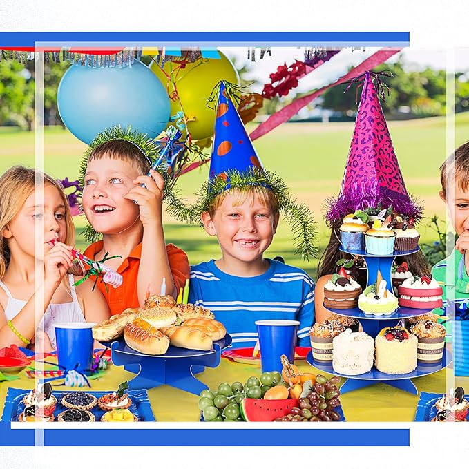 Zopeal 7 Pcs Dessert Table Display Set 3-Tier Cupcake Stand 1-Tier Cup Cake Display Tower Platters and Serving Trays Cardboard Cake Cookie Holders for Wedding Birthday Party Baby Shower(Blue)