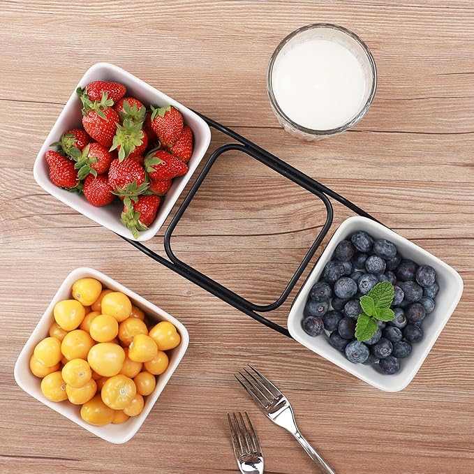 3 pcs square bowl Porcelain Chip & Dip Serving Set with Black Metal Stand, 4.5inch White Small Serving Bowls for Side Dishes, Salsa, Appetizer, Serving Dishes for Entertaining 11.5 OZ