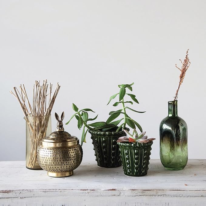 Round Hammered Metal Container with Rabbit Finial, Brass Finish