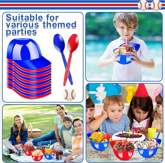 24 Pack Baseball Helmet Ice Cream Bowls with Spoons,8 oz Plastic Baseball Helmet Snack Dessert Bowl,Mini Baseball Cap Bowls for Ice Cream Party Supplies Birthday (Red,Bule)