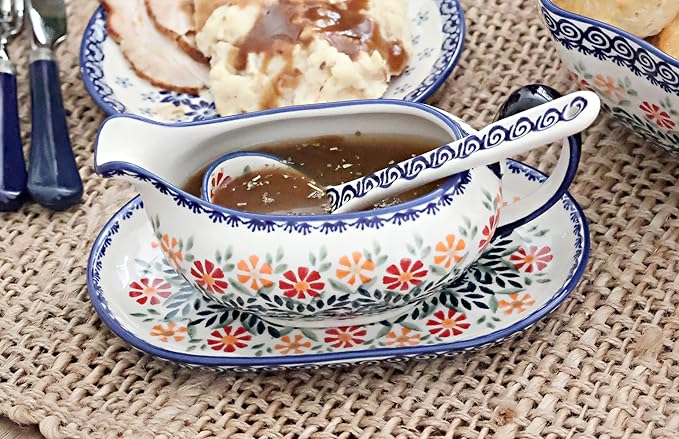 Blue Rose Polish Pottery Garden Bouquet Gravy Boat & Ladle