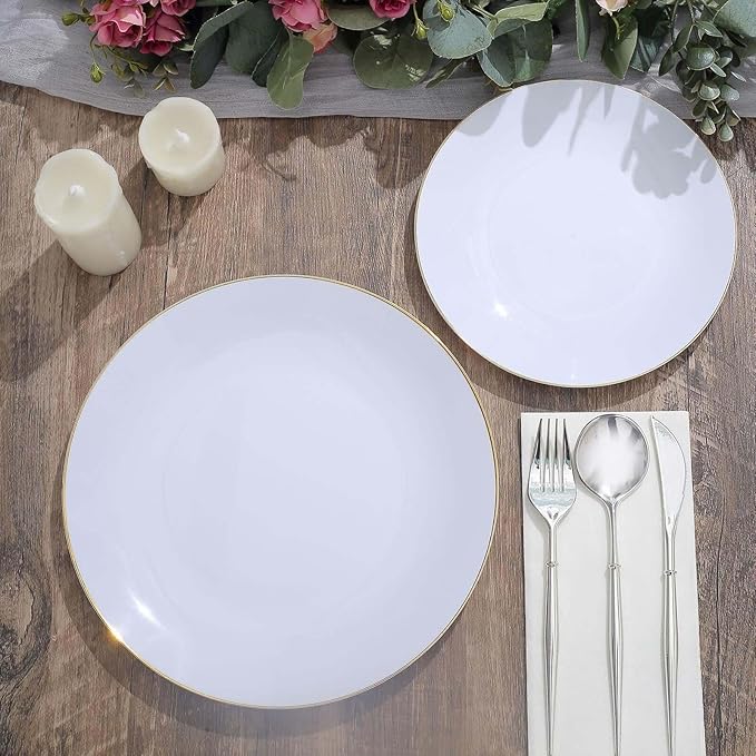 Efavormart 10 Pack | 8" Glossy White Round Plastic Dinner Plates With Gold Rim, Disposable Party Plates