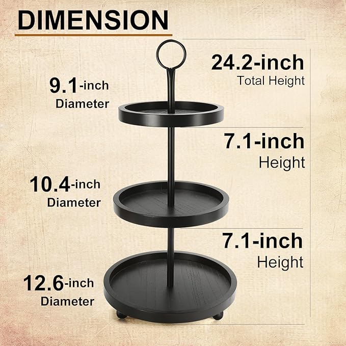 Wooden 3 Tiered Tray Stand, Farmhouse Round Black 3 tier Decorative Tray for Home Kitchen Table Decor, Serving Tray for Coffee Bar Party Weddding Holiday Decorations Fruits and Cupcake Display