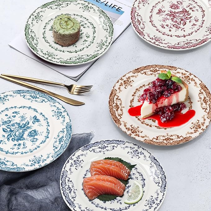 Salad Plates, 8.5 Inch Ceramic Plates Set of 6, Kitchen Plates Microwave Safe Plate, White Porcelain Dessert Porcelain Serving Dishes, Brown