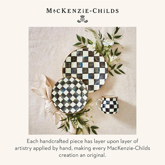 MACKENZIE-CHILDS Enamel Salad and Dessert Plate, Small Plate for a Dessert or Appetizer Dish, 8 Inches, Set of 4, Black-and-White Courtly Check