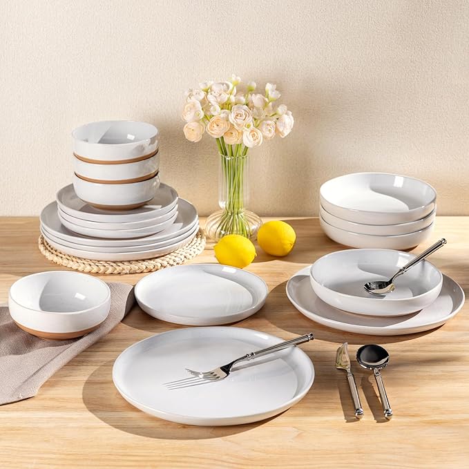AmorArc Ceramic Dinnerware Sets with Pasta Bowls for 8, Handpainted Plates and Bowls Set with Rustic Terracotta Underside, Scratch Resistant Dishes Set, Dishwasher & Microwave Safe, 32 Pcs