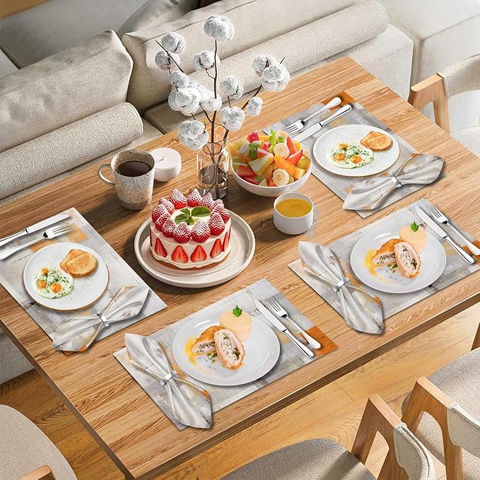 Mcalk 4 Each Orange Placemats and Cloth Napkins Set of 8, Modern Art Placemat, Abstract Grey Cloth Napkin for Home Kitchen Decor (Placemats 18 "x12 Napkins 18 "x18)