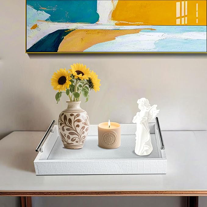 White Leather Serving Tray with Silver Handles, Rectangular Tray for Coffee Table, Ottoman, Alligator Faux Leather, Decorative Trays for Home Decor, for All Occasions, 16" x 12"