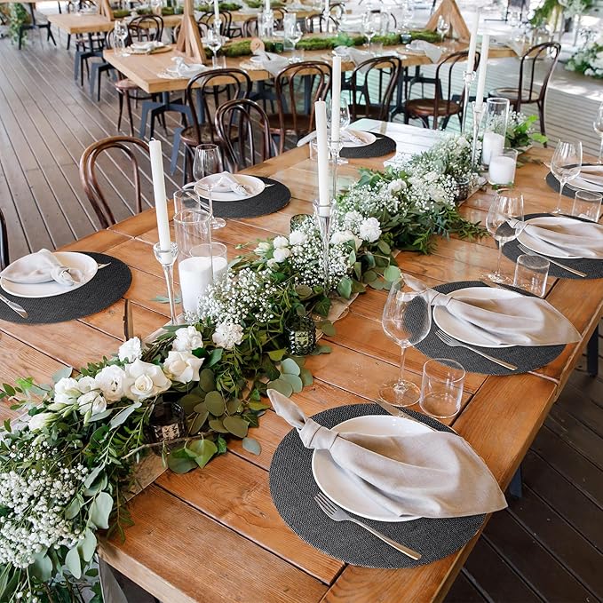 Yunlly Set of 48 Round Burlap Placemats Bulk Burlap Farmhouse Placemats Set Heat Resistant Table Mats Circle Jute Charger Place Mats for Wedding Holiday Dinner Rustic Table Decorations(11.8 in,Black)