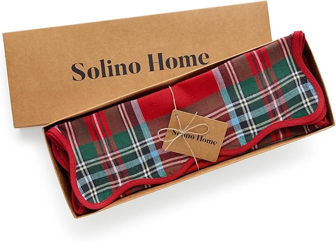 Solino Home Scallop Cloth Placemats Set of 4-100% Pure Linen Red Madras Holiday Plaid Placemats 14 x 19 Inch for Christmas, New Year - Giselle Scallop Edge, Handcrafted and Machine Washable