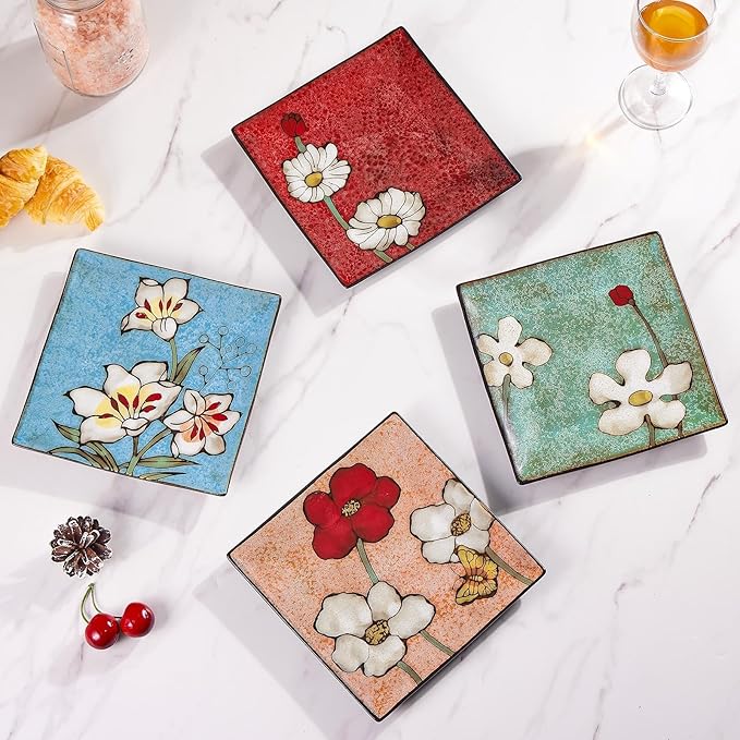 Porcelain Square Dessert Salad Pasta Plates 7.5 inches ceramic plates set of 4 Stackable Dinner Plates for Steak, Pasta, Salad, Snacks, Dessert,Microwave and Dishwasher Safe (Multicolor A, 7.5 Inch)