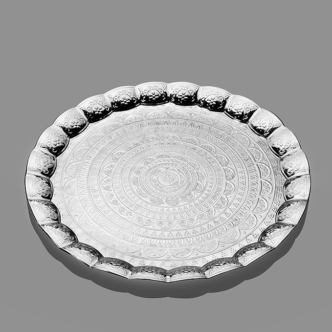 Alisveristime 6-Person Decorative Serving Tray – 13.77 inch Round Metal Plate with Ottoman Pattern Options (Silver)