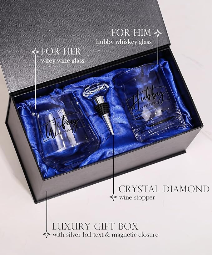 Wedding Gifts for Couples 2025,Bridal Shower Gifts, His and Hers Gift,Whiskey Wine Glasses with Diamond Wine Stopper Set,Anniversary Christmas Gift for Couples,Hubby and Wifey