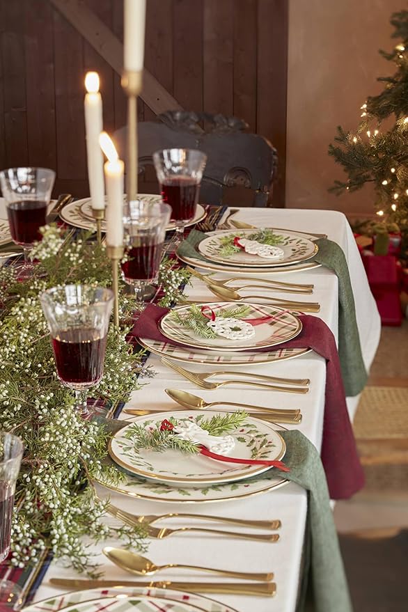 Lenox 894963 Holiday Plaid 12-Piece Dinnerware Set, Red & Green, Christmas, Hosting