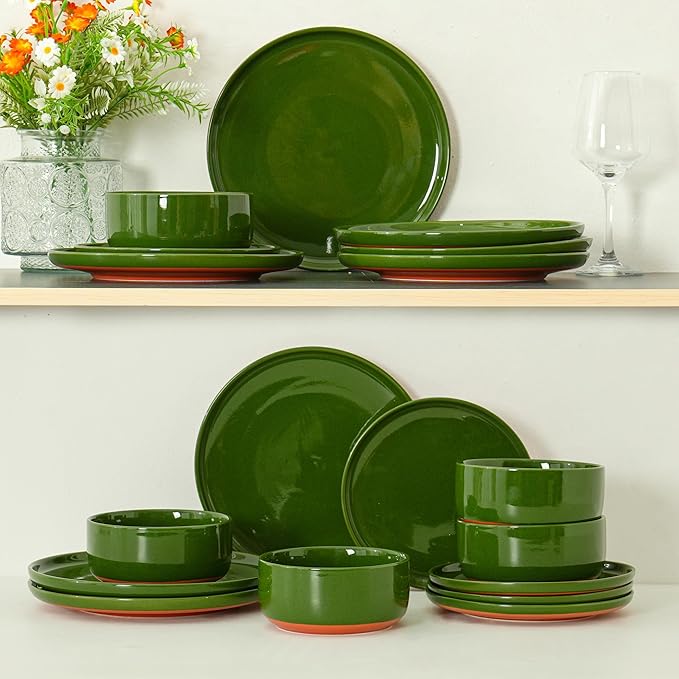 6 Piece Dinnerware Sets for 2, Dual Glaze Stoneware Plates and Bowls Set, Microwave and Dishwasher Safe, Forest Glaze Green