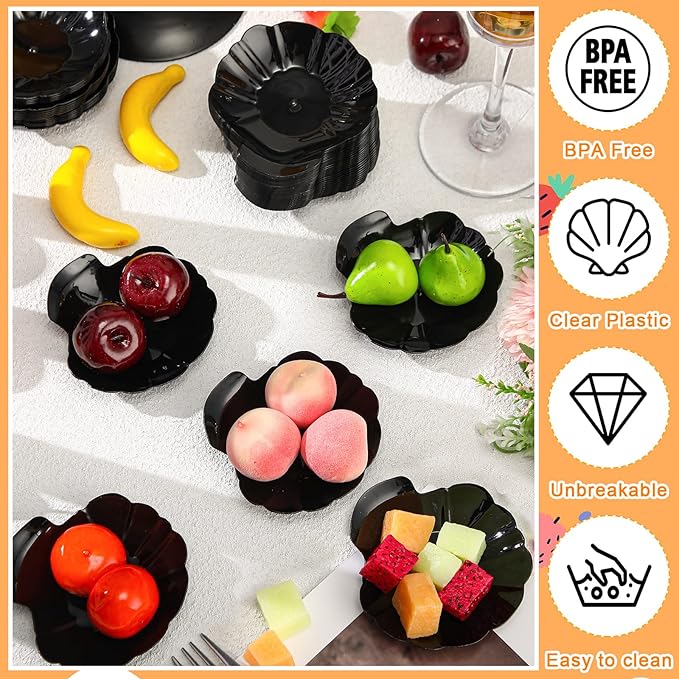 Gerrii 100 Pcs Shell Appetizer Plates Black Plastic 3.31 Inch Shrimp Cocktail Serving Dish Disposable Oyster Plates Ideal for Serving Amuse Bouche, Desserts on Parties or Events