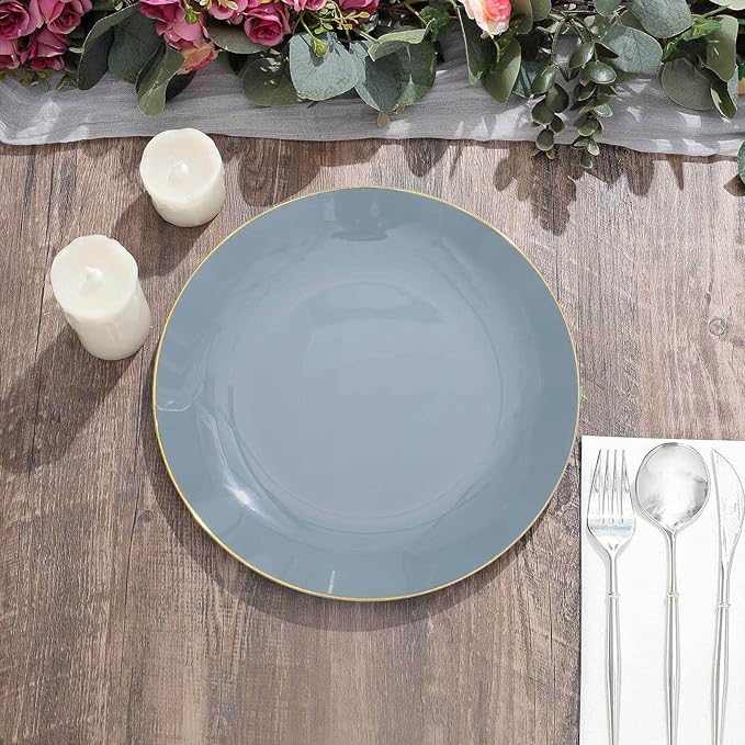 Efavormart 10 Pack | 10" Glossy Dusty Blue Round Plastic Dinner Plates With Gold Rim, Disposable Party Plates