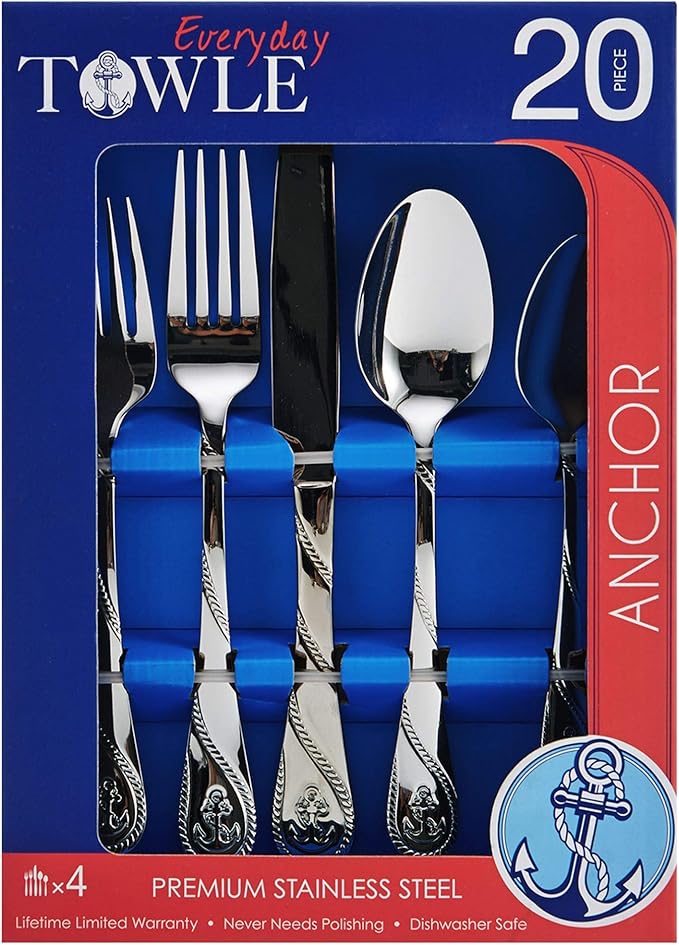 Towle Everyday Anchor Flatware Service for 4, 20 Piece Set, 18/0 Stainless Steel, Silverware Set