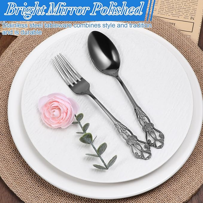 30 Pcs Black Silverware Set, Gorgeous Retro Royal Flatware Set for 6, Stainless Steel Mirror Polished Flatware Cutlery Set Includes Fork,s Spoons and Knives, Dishwasher Safe Utensils