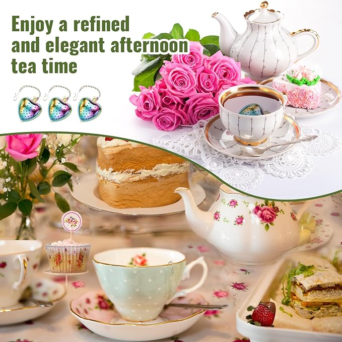 Sumind 50 Pcs Stainless Steel Tea Strainer Ball Infuser Loose Leaf Steeper Interval Diffuser Heart Shape Mesh Filters with Extended Chain Hook for tea party Seasonings Cup Bottle(Rainbow)
