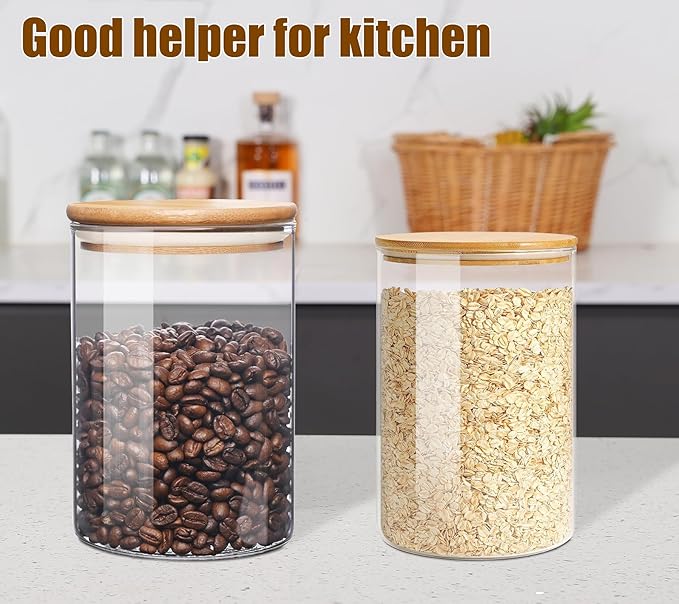 Small Size 33+17 oz Glass Food Storage Jars with Airtight Lids, Clear Glass Jar with Bamboo Lid, Airtight Food Canister for Tea, Candy, Coffee, Sugar, Cookie, Snack. (Round | 5+6 Inch)