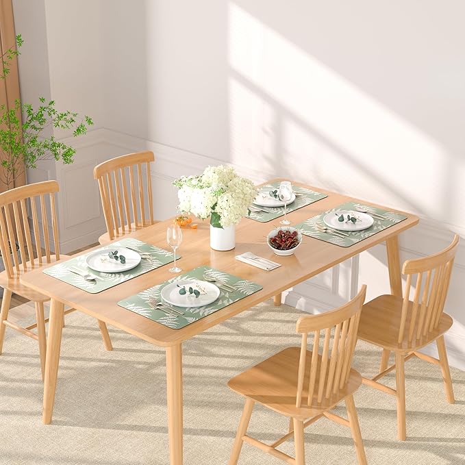 QIYI Placemats Set of 6, 12x18 Inch PU Leather Place Mats for Kitchen Dinning, Heat Resistant Anti Slip Green White Table Mats, Waterproof Wipeable Washable Placemat Party Table Décor, Fern Leaves