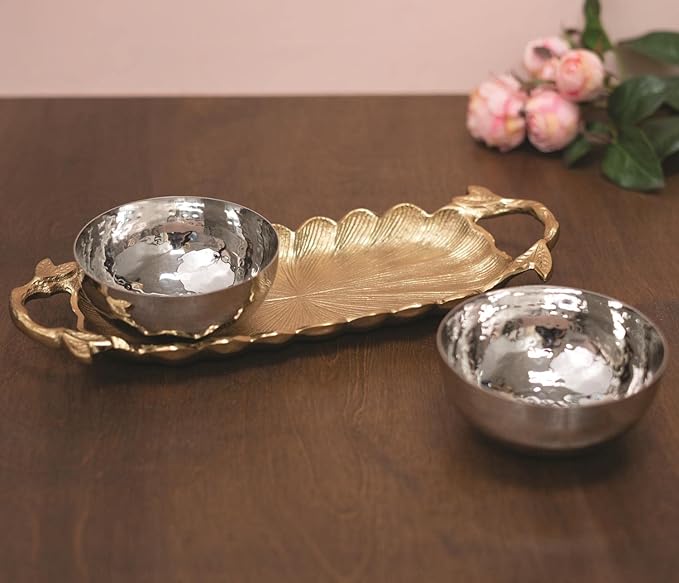 IHI EST. 1986 India Handicrafts Leaf Gold Tone 12 inch Metal Tray With Bowls 3 Piece Set