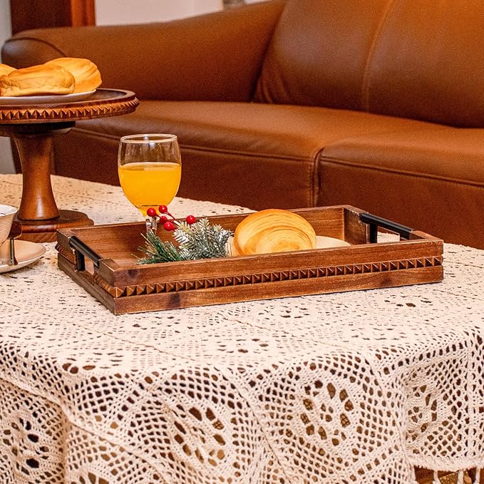Wooden Serving Trays with Metal Handles Vintage Ottoman Tray 15 X 11 Wooden Retro Decorative Trays with Geometric Beads for Coffee Table & Home Decor (1 Pack)