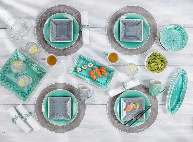 Euro Ceramica Peacock Stoneware 4-Piece 6.5''Square Appetizer Plate Set,Lagoon, (PK-20712LN)