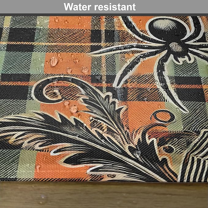 Ambesonne Halloween Place Mats Set of 4, Spooky Autumn Spider and Leafy Webs on Orangish Buffalo Plaid Back, Washable Fabric Placemats for Dining Table, Standard Size, Apricot Pale Green Grey