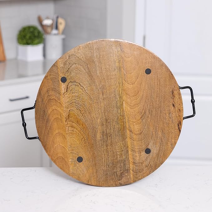 20" Extra Large Round Ottoman Tray, Heavy Duty Mango Wood, for Serving Tea, Breakfast in Bed, Living Room Large Coffee Table Tray Rustic with Farmhouse Style, Decorative Handles and Accent Strap