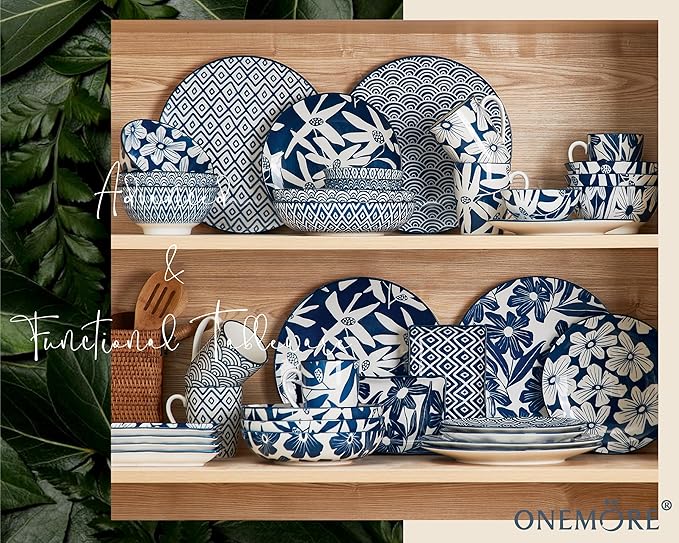 ONEMORE 20 oz Ceramic Cereal Bowls Set of 6, Porcelain Dinner Bowls for Soup, Dessert, Ice Cream - Microwavable, Dishwasher & Oven Safe, Large Kitchen Bowl, Scratch Resistant - Vintage Blue & White