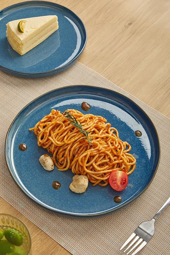 24 Piece Dark Ceramic Dinnerware Set,Slate Blue Plates and Bowls Set for 8 – Minimalist Dish Sets for Hosting with Edge and Elegance