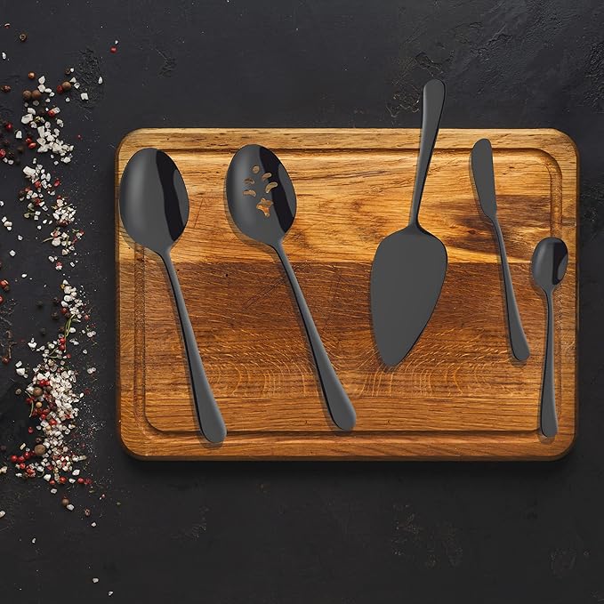 Amefa Matte Black Serving Spoons & Utensil Set - 5-Piece Stainless Steel - Includes Slotted Spoon, Pie Server & Butter Knife - Flatware & Kitchen Utensil Set