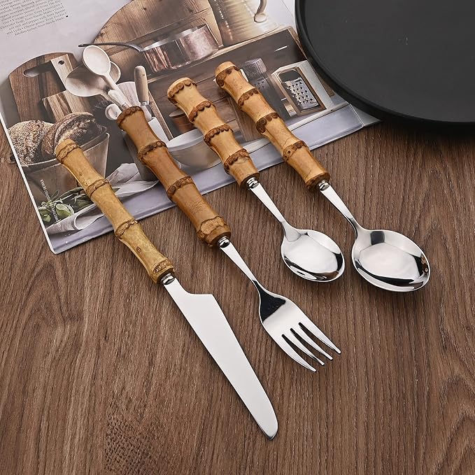 40 Pcs Bamboo Handle Cutlery Sets, Natural Bamboo Flatware Set for 10, Silver Stainless Steel Silverware Set for Home Party Restaurant, Handcrafted Eating Utensils, Include Knife Fork Spoon