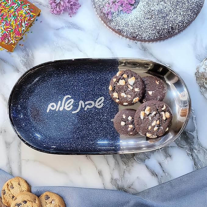 Rite Lite Shabbat Shalom Serving Tray | Elegant Jewish Shabbos Gifts Hostess Hebrew Shabbat Table Centerpiece Judaica Kitchen Table Cooking Accessories Jewish Home Decor Gifts 13" L (Silver & Navy)