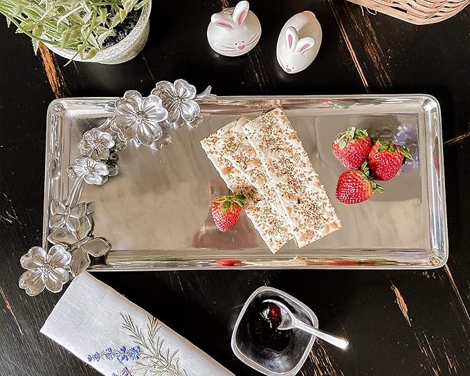 Arthur Court Metal Butterfly and Dogwood Flower Oblong Aluminum Tray for Everyday and Formal Dinner Events Garden Party 19 inch x: 8 inch