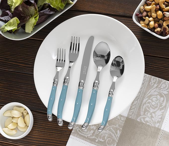 French Home Laguiole 20 Piece Flatware Set – Stainless Steel Flatware Set for 4 – Luxurious Aegean Teal Utensil Set with Knives, Spoons and Forks